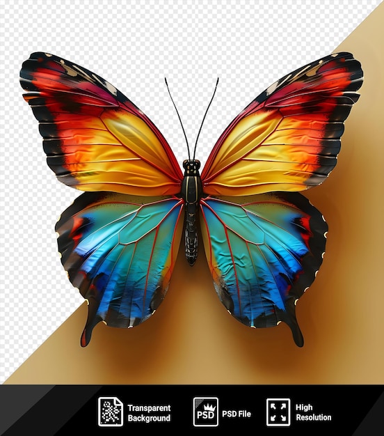 왼쪽에 파란 날개를 특징으로하는 날개를 펼친 투명한 배경 다채로운 나비 모형 Png Psd