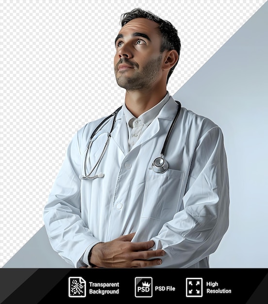 PSD Прозрачный фон любопытный молодой врач мужчины в медицинском халате и стетоскопе вокруг шеи держа руки талию и лоб смотрят в камеру на расстояние png