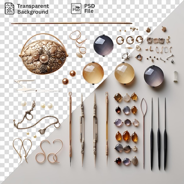 PSD Прозрачный фон набор ювелирных изделий и ремесленных инструментов, отображаемый на прозрачном фоне с серебряными и золотыми сережками, коричневым ожерельем и ножницами