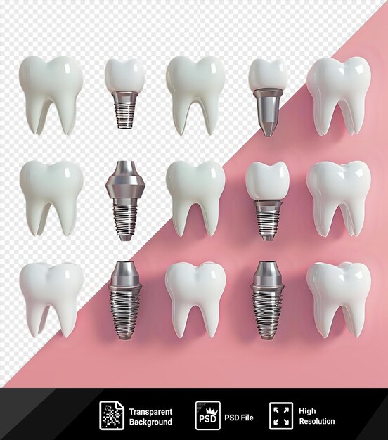 PSD transparent background dental implant mock up in different positions on a pink background png psd