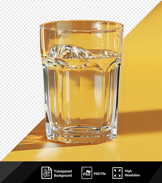 Sfondo acqua potabile trasparente acqua pulita in vetro disegnato a mano un vetro trasparente su un tavolo giallo con una parete gialla sullo sfondo e un'ombra scura proiettata sul tavolo png psd