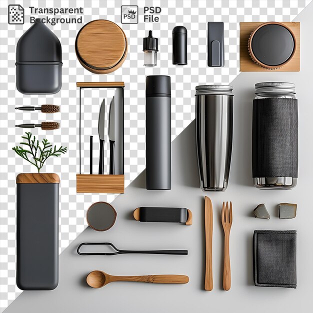 PSD transparent background eco friendly reusable products set featuring a silver cup wood spoon brown and wood spoon black pen and black and gray speaker on a transparent background