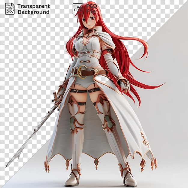 PSD transparent background erza scarlet from fairy tail wields a silver sword while wearing a brown belt with her long red hair flowing in the wind