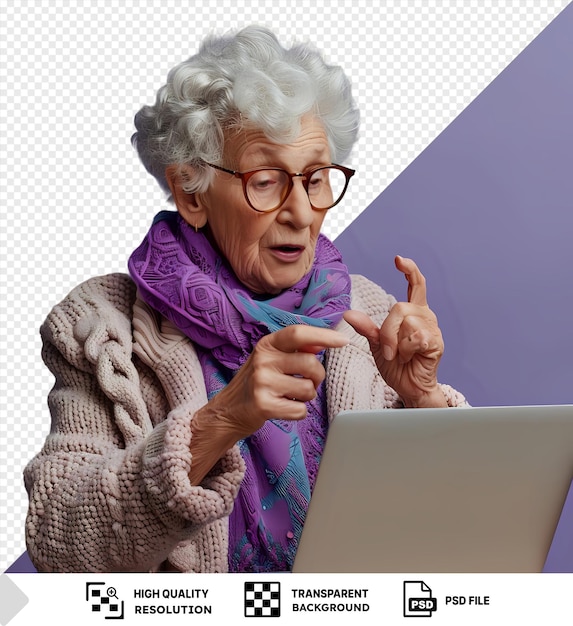 PSD transparent background finger counting on a white laptop while wearing a purple scarf and brown glasses with an old woman in the background and a purple wall in the background png