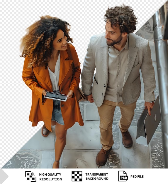 PSD transparent background good mood smiling mulatto woman with smartphone and caucasian man with laptop talking walking in corridor of office space png psd