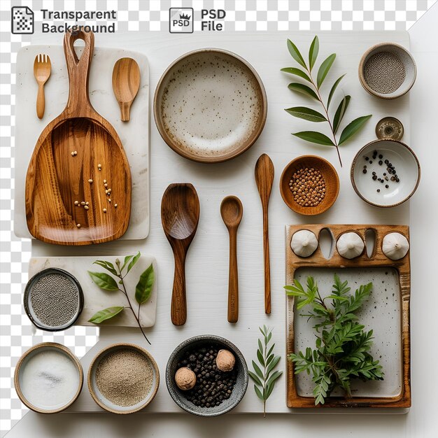 PSD transparent background gourmet plant based cooking set featuring wooden spoons a brown bowl and a green plant
