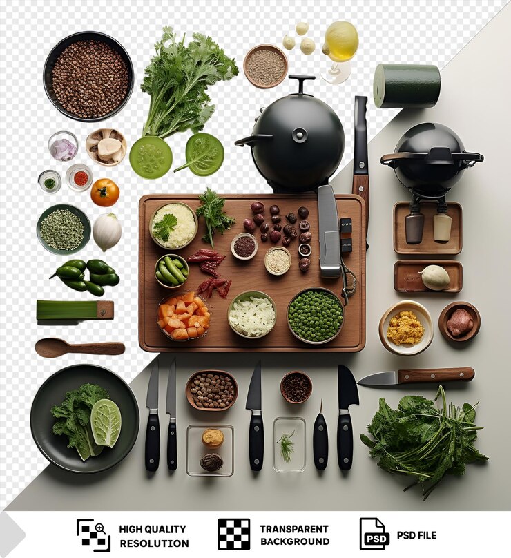 PSD transparent background gourmet vietnamese cooking set featuring a variety of dishes and utensils including a black pot silver and black knife wood and brown bowl and black and green plate