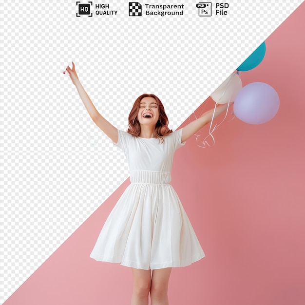 PSD Прозрачный фон счастливое настроение счастливая девушка танцует с кучей красочных воздушных шаров png