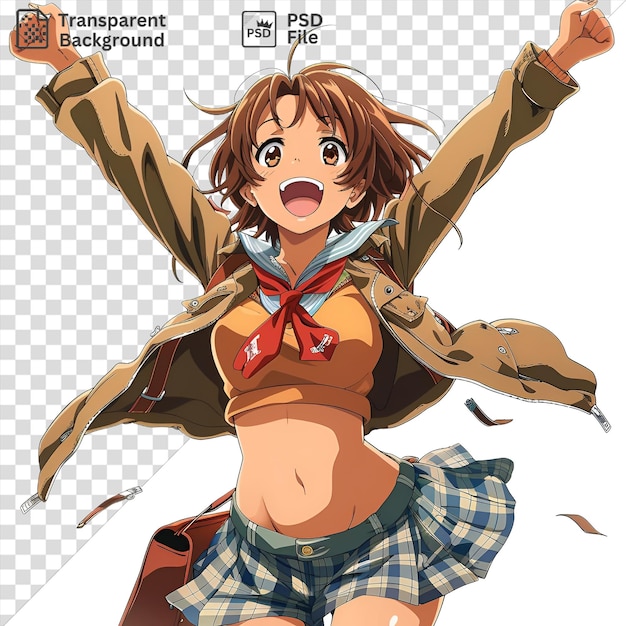 PSD transparent background haruhi suzumiya from the melancholy of haruhi suzumiya with brown hair and a brown face wearing a plaid and blue skirt and a red bow