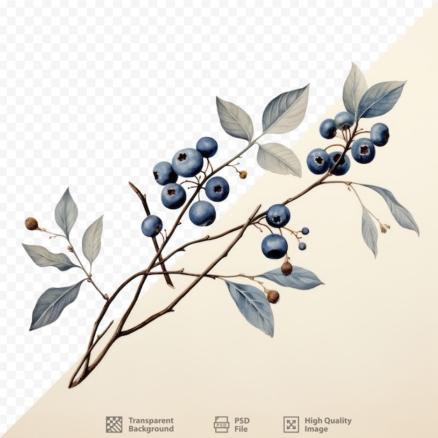 PSD a transparent background highlights a twig adorned with leaves and blue berries