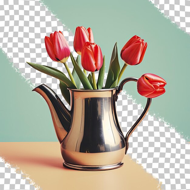 PSD transparent background isolates vintage metal creamer with a tulip