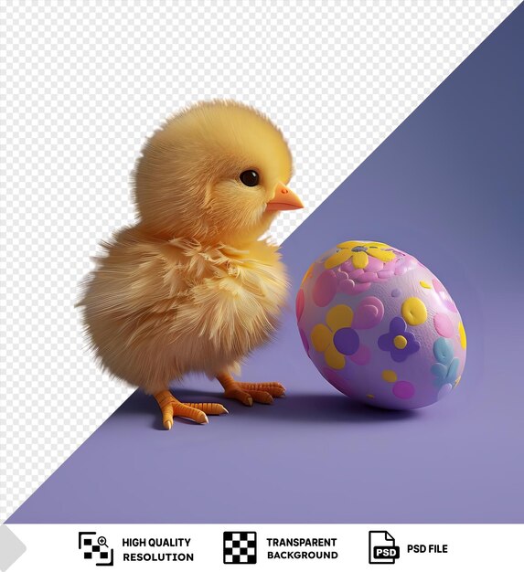 PSD transparent background little yellow easter chick and painted colorful easter egg on a purple background