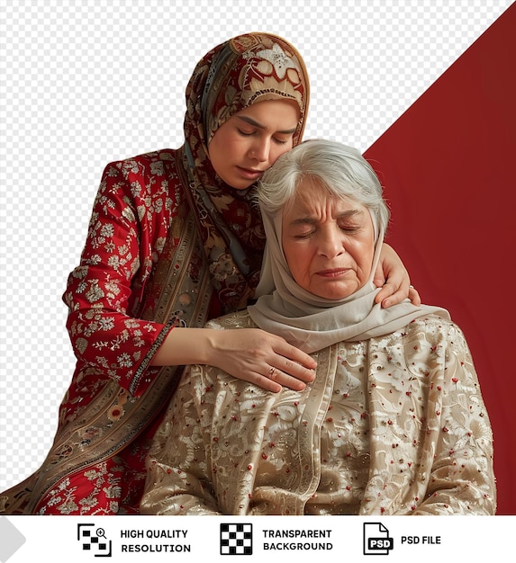 PSD transparent background loving daughter taking care of her female parent with headaches standing in front of a red wall wearing a white scarf and gray and white scarf while holding her mothers png