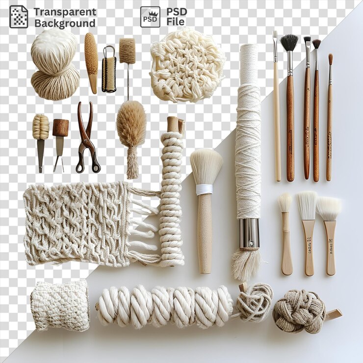 PSD transparent background macrame and weaving tools set displayed on a transparent background accompanied by a brown brush