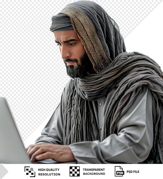 transparent background male freelancer working on his laptop outdoors with a gray scarf draped over his head and a black beard visible while his hand rests on the keyboard png psd