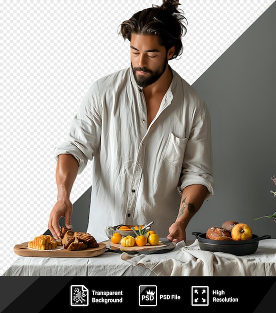 Transparent background man serving the table before breakfast with a plate of food and a cup of coffee on the left a glass of water on the right and a pair of glasses on the png psd