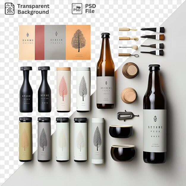 PSD transparent background microbrew tasting set featuring a variety of bottles including a black bottle a brown bottle a white bottle and a black and brown bottle arranged on a transparent background