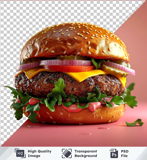 PSD 茶色のパンにチーズと野菜を添えた大きなハンバーガーの透明な背景モックアップ