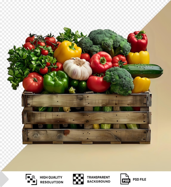 PSD transparent background mockup of a wooden box full of fresh vegetables including red and yellow peppers broccoli and a green cucumber arranged against a white wall with a dark png psd