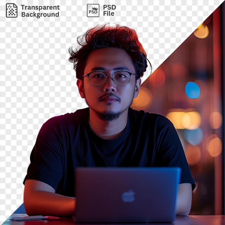 PSD transparent background neural91 a man with curly black hair and black glasses sits at a wooden table using a silver laptop he wears a black shirt and has a large ear visible a