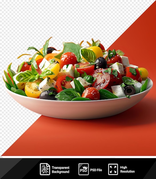 PSD transparent background nicoise salad with black olives red tomato and green leaf in a white bowl