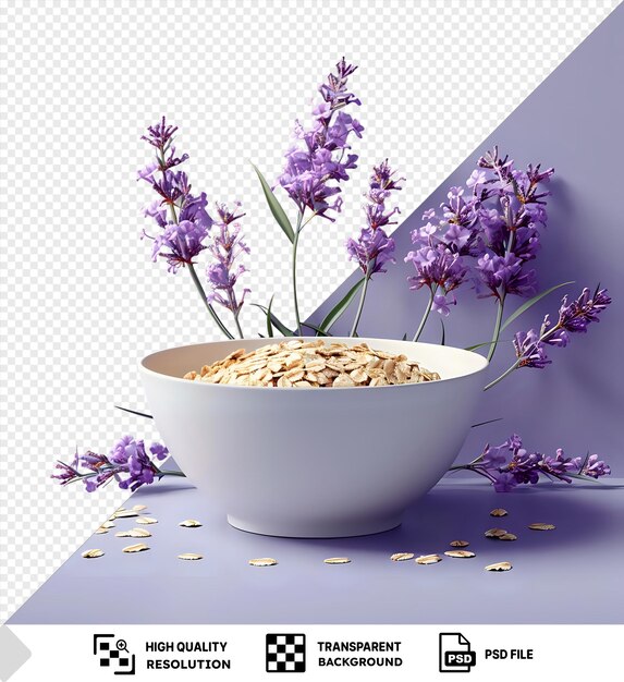 PSD transparent background oatmeal and purple flowers in a white bowl sit on a transparent background against a purple wall