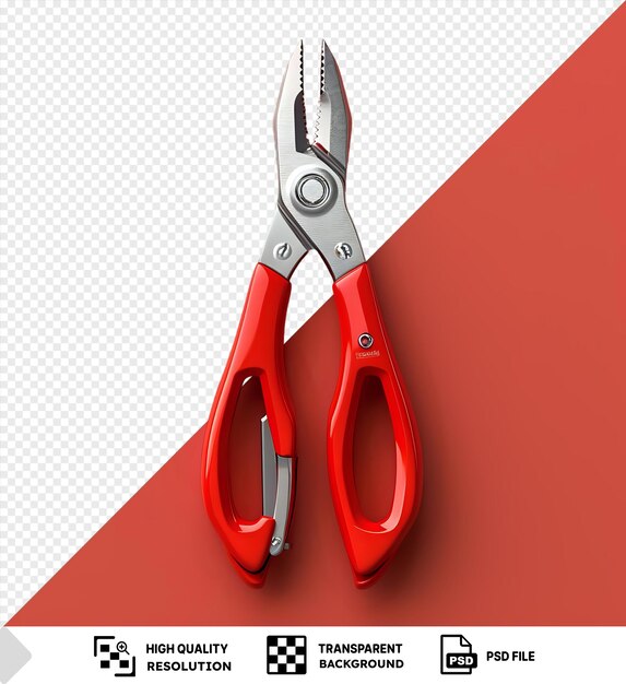 PSD transparent background pliers hardware tools including a red handled pair of scissors and a red handled pair of scissors are displayed on a red surface