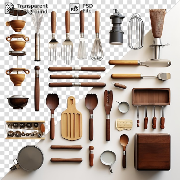 Transparent background professional baking and pastry tools set displayed on a white wall featuring a variety of utensils including a silver spoon wood spatula brown and wood spoon silver and metal