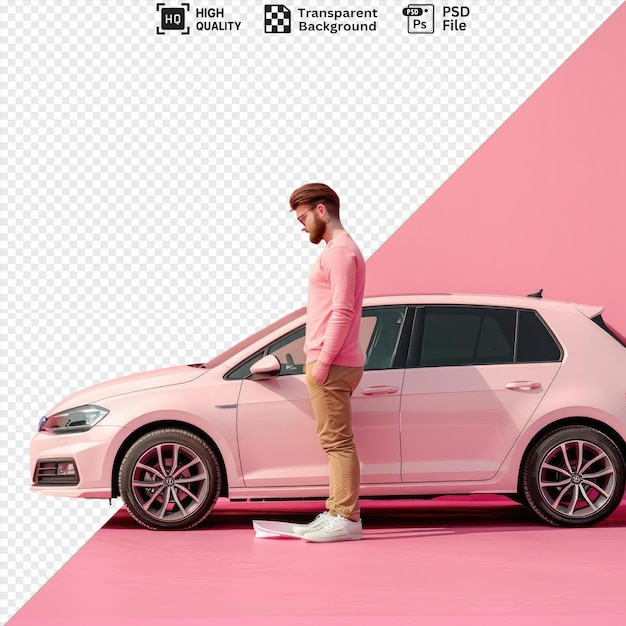 PSD transparent background profile of serious young man wiping car on pink background with a white car and pink sky in the background he wears a pink shirt brown pants and white shoes and has png