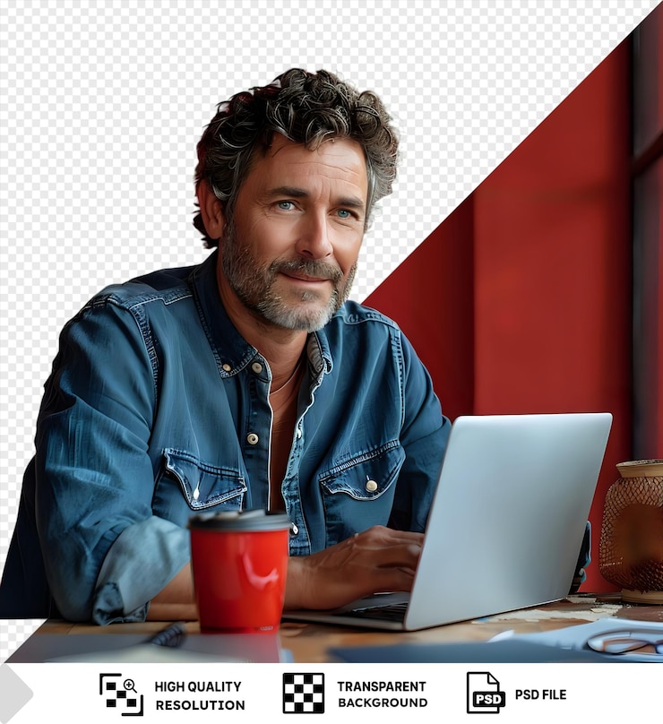 PSD transparent background project work attractive cheerful middle aged man typing on laptop while sitting at table in modern office during daytime png psd