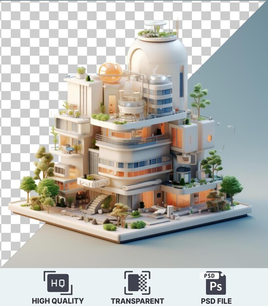 Transparent background psd 3d architect cartoon designing buildings a white building stands tall amidst a lush green landscape with small and large trees adding to the picturesque view