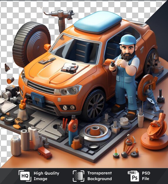 PSD transparent background psd 3d mechanic cartoon fixing a car