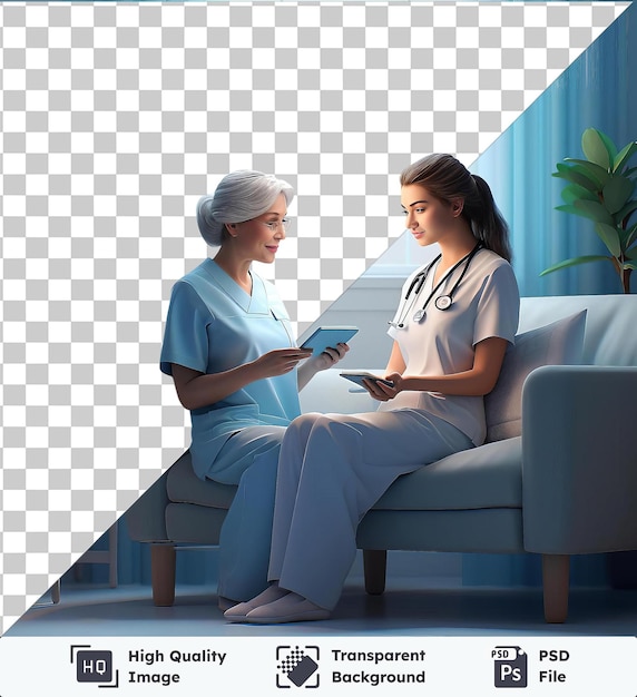 PSD 투명한 배경 psd 3d 간호사는 색 램프가 있는 방에서 환자를 돌보고 있습니다. 파란색과 색 바닥, 큰 창문, 색과 회색의 머리카락,  셔츠, 파란색 및 색의 바닥.