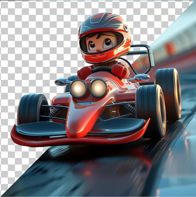 Sfondio trasparente psd 3d cartone animato di pilota di auto da corsa che accelera su una pista da corsa