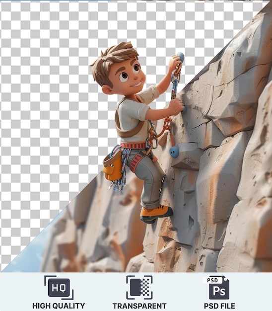 PSD transparent background psd 3d rock climber cartoon ascending a towering cliff face