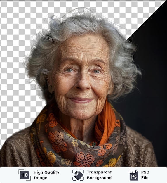 PSD 투명한 배경 (psd) 미소 짓는 노인 여성의 초상화, 그녀의 회색 머리카락, 큰 코, 파란색과 갈색 눈, 그녀는 오렌지색 스카프를 입고 미소를 짓는 얼굴을 가지고 있습니다.