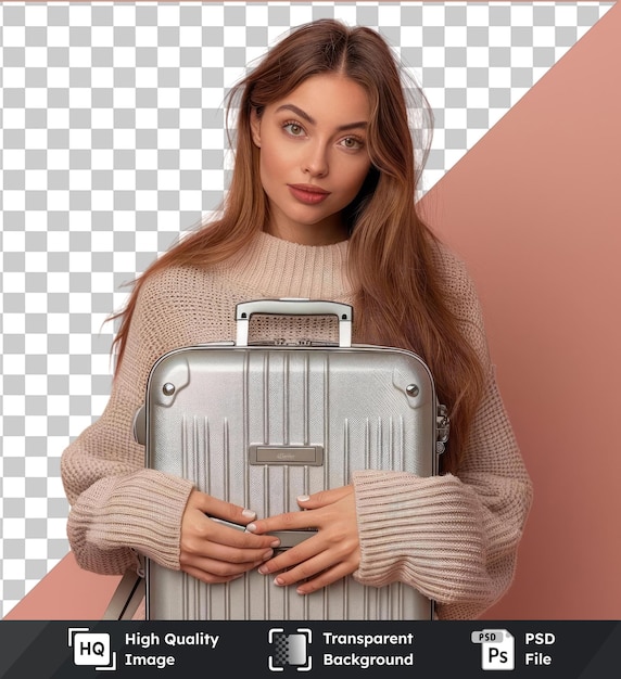 PSD transparent background psd beautiful young woman is holding a suitcase aluminum case