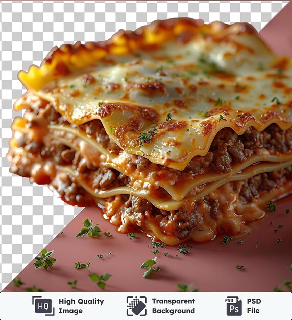 Transparent background psd beef lasagna on a pink plate