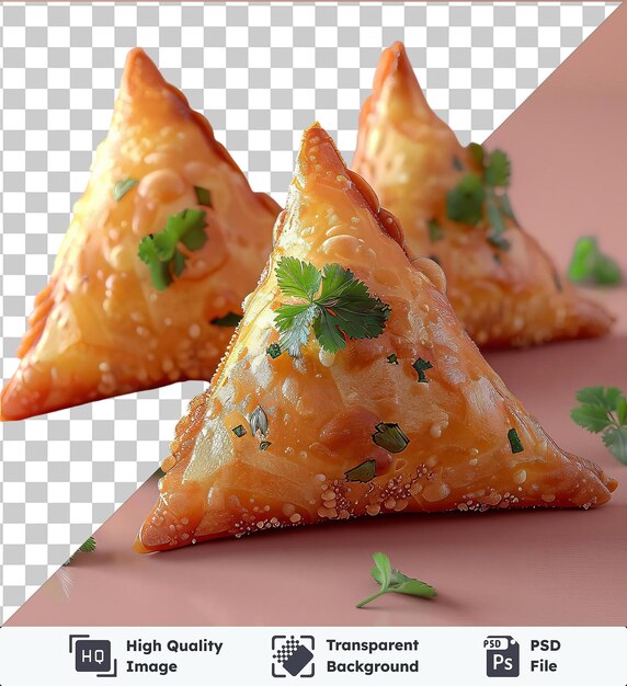 PSD transparent background psd beef samosas topped with green leaves on a pink plate