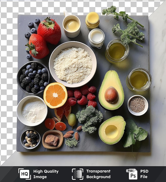 PSD transparent background psd breakfast foods set a colorful assortment of fruits and vegetables including green avocados red strawberries and a white bowl arranged on a transparent background with a