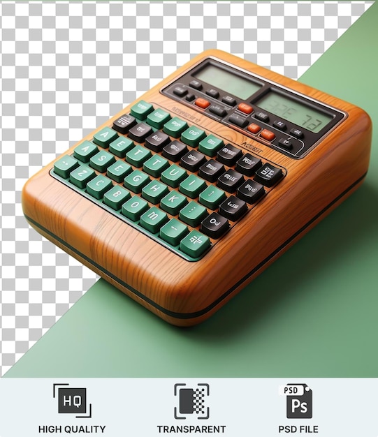 Transparent background psd a calculator with a green screen and various buttons including red orange green and red orange buttons