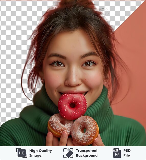 Transparent background psd cheerful young asian woman keeps mouth opened holds sweet delicious doughnuts closes eyes from satisfaction dressed in casual green turtleneck junk food c