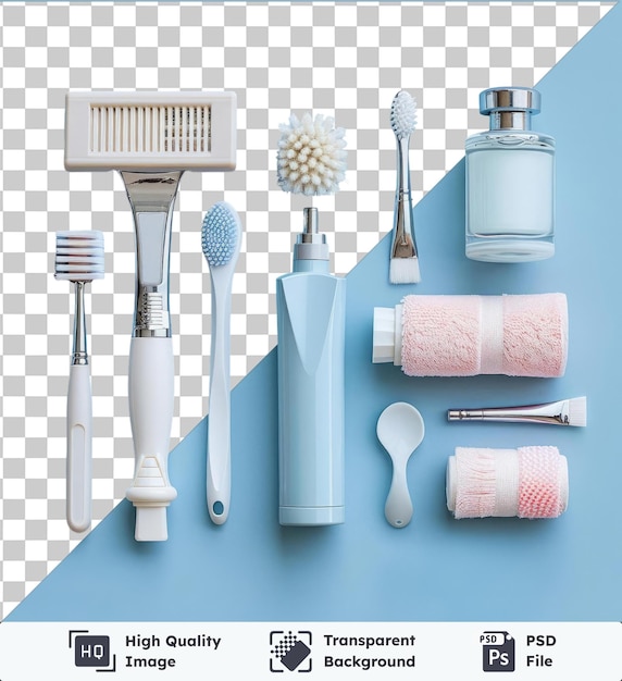 PSD Прозрачный фон psd классический набор для бритья с белой щеткой синей и белой зубной щеткой и белым цветом, выставленным на синей стене