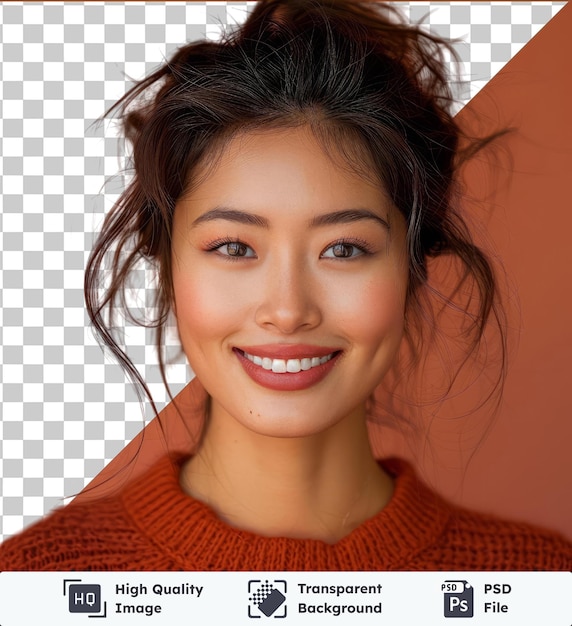 Transparent background psd close up portrait of yong woman casual portrait in positive view big smile beautiful model posing in studio over white caucasian asian portrait woman in a red sweater