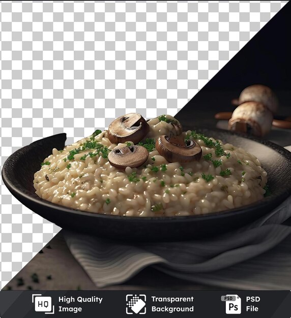 PSD sfondo trasparente psd risotto di funghi cremosi servito su un piatto nero con una forchetta d'argento guarnita con una pianta verde e una tazza bianca