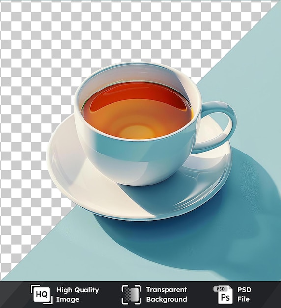 PSD transparent background psd cup of herbal tea on a blue table with a blue and white handle casting a blue shadow