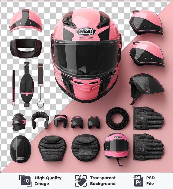 Transparent background psd custom motorcycle helmet design set featuring a black and pink helmet a pink and black helmet and a black mouse