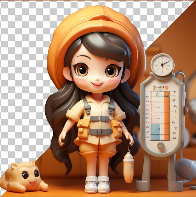 PSD transparent background psd d nurse cartoon caring for patients a doll with black hair and brown eyes stands in front of an orange wall while a round white clock hangs on the wall behind her