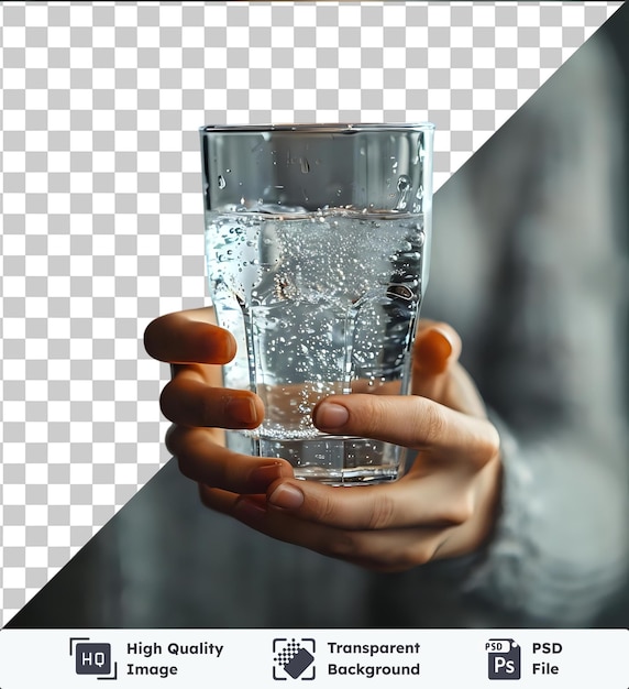 PSD sfondo trasparente psd acqua potabile acqua pulita in bicchiere con la mano che la tiene verso la telecamera