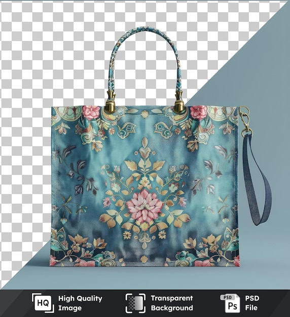 PSD 透明な背景psd eidテーマのラマダンのための再利用可能なショッピングバッグ 黒いストラップとピンクの花と背景の青い壁を特徴としています